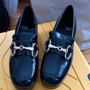 Jeffrey Campbell Black Patent Platform Student Loafers with Gold Bit Hardware